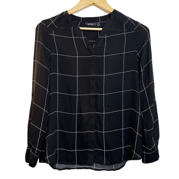 Apt. 9 Checkered Button Down Long Sleeve Blouse Black & White Size Small Petite - Picture 1 of 5